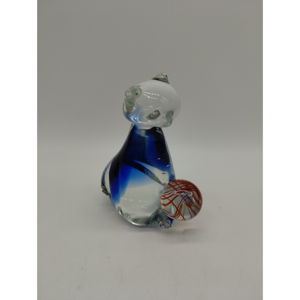 Art Glass Cat Kitten Figurine Paperweight Clear w/ Cobalt Blue Orange Ball  Yarn
